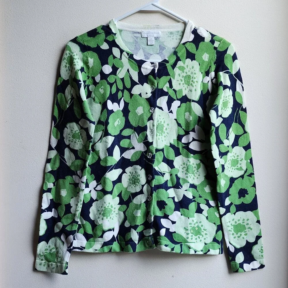 Charter Club Green/Navy Floral Button Down Cardigan Size Petite P Small